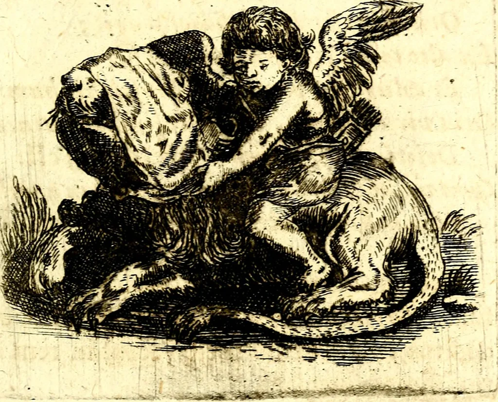 An illustration from Antipathia Amoris Divini et Humani duobus Libris comprehensa, per themata et sententias, insuper et Figuras aeneas, adjectis versibus Gallicis et Hispanicis, illustrata, antehac Antuerpiae Typis data, 1694, leaf 68
