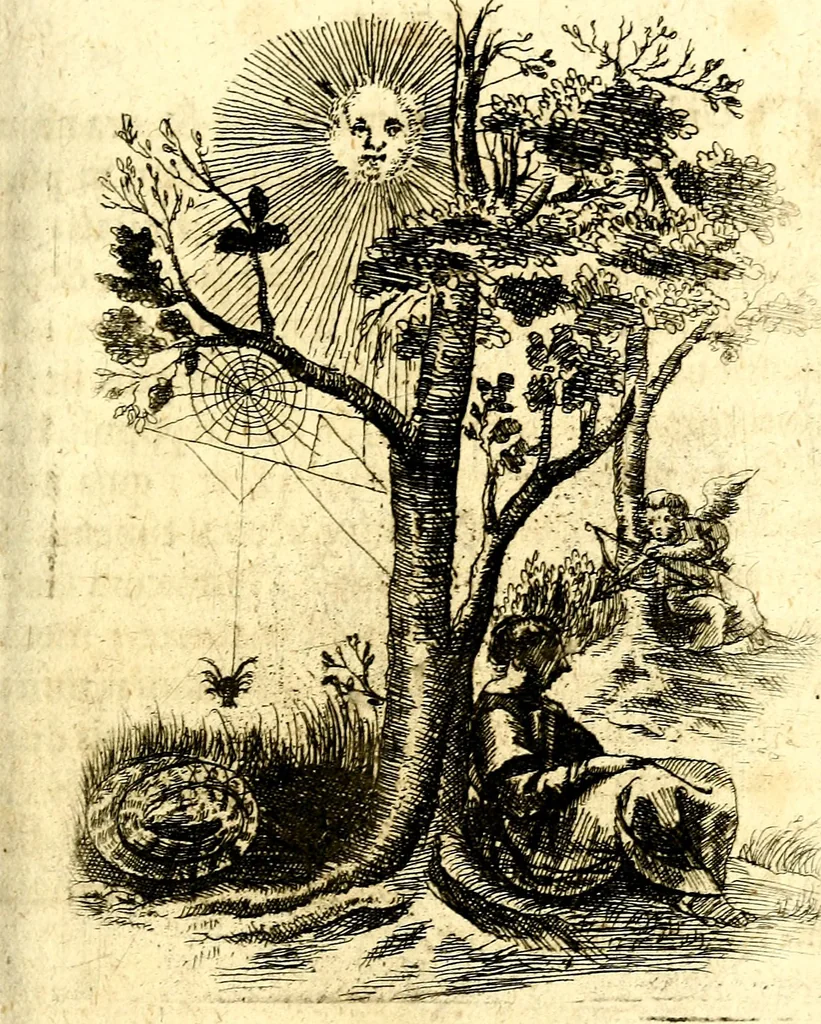 An illustration from Antipathia Amoris Divini et Humani duobus Libris comprehensa, per themata et sententias, insuper et Figuras aeneas, adjectis versibus Gallicis et Hispanicis, illustrata, antehac Antuerpiae Typis data, 1694, leaf 70