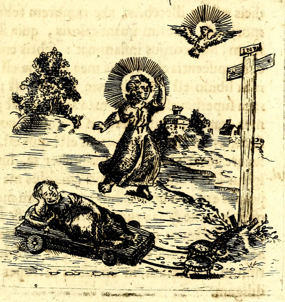 An illustration from Antipathia Amoris Divini et Humani duobus Libris comprehensa, per themata et sententias, insuper et Figuras aeneas, adjectis versibus Gallicis et Hispanicis, illustrata, antehac Antuerpiae Typis data, 1694, leaf 74
