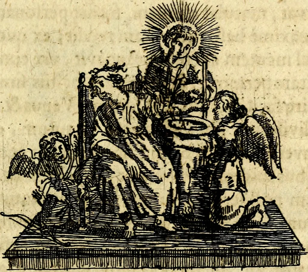 An illustration from Antipathia Amoris Divini et Humani duobus Libris comprehensa, per themata et sententias, insuper et Figuras aeneas, adjectis versibus Gallicis et Hispanicis, illustrata, antehac Antuerpiae Typis data, 1694, leaf 76