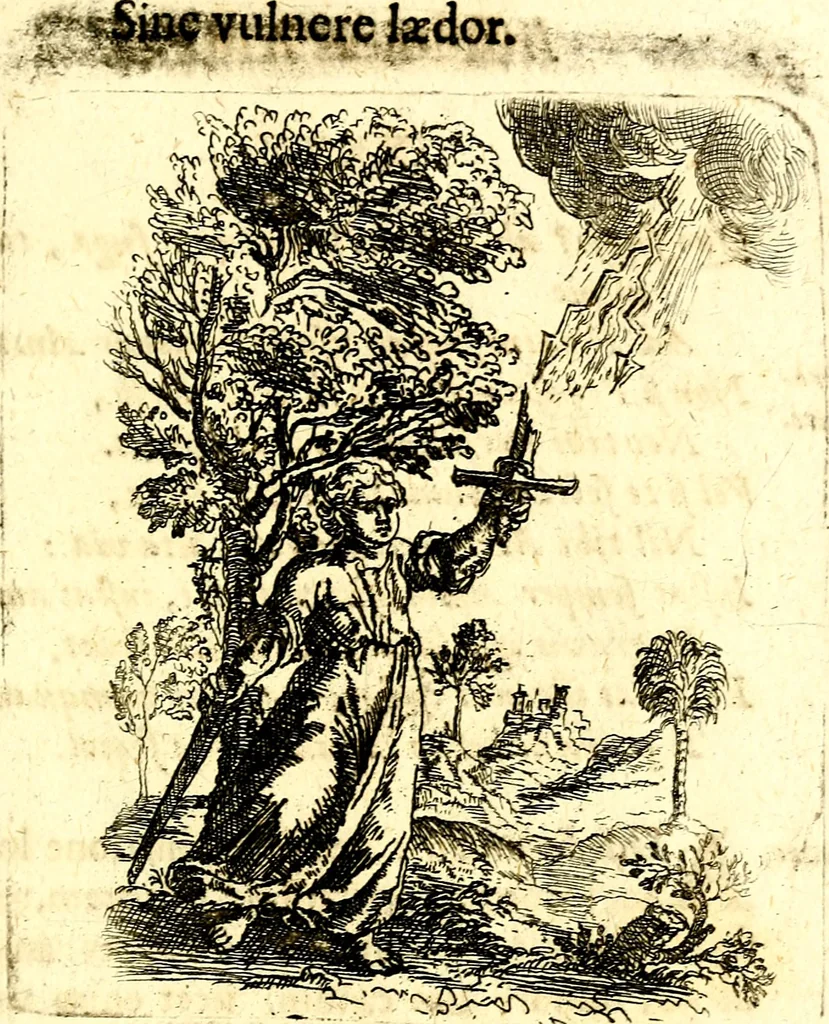 An illustration from Antipathia Amoris Divini et Humani duobus Libris comprehensa, per themata et sententias, insuper et Figuras aeneas, adjectis versibus Gallicis et Hispanicis, illustrata, antehac Antuerpiae Typis data, 1694, leaf 80