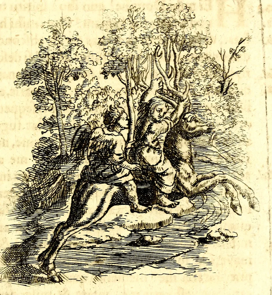 An illustration from Antipathia Amoris Divini et Humani duobus Libris comprehensa, per themata et sententias, insuper et Figuras aeneas, adjectis versibus Gallicis et Hispanicis, illustrata, antehac Antuerpiae Typis data, 1694, leaf 82