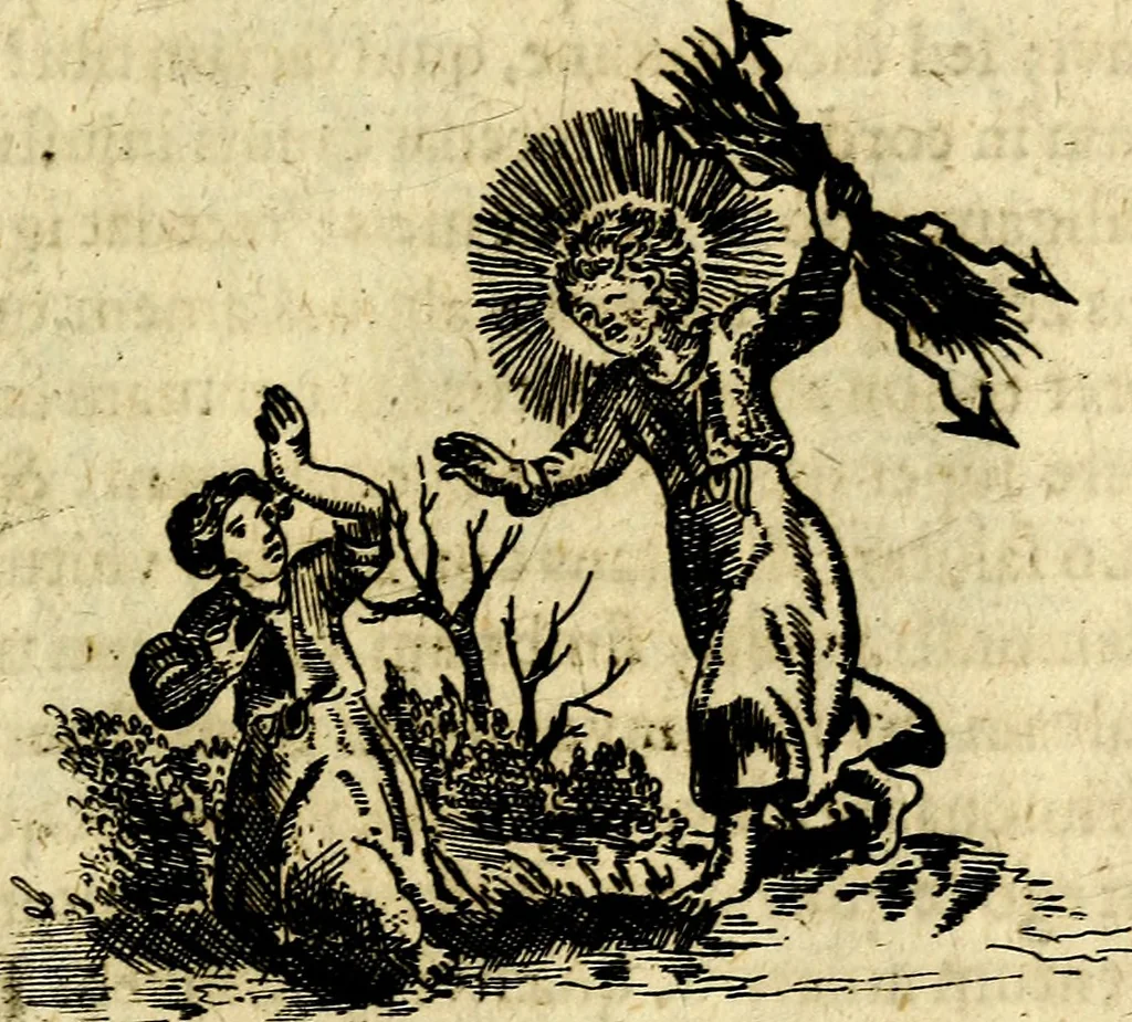 An illustration from Antipathia Amoris Divini et Humani duobus Libris comprehensa, per themata et sententias, insuper et Figuras aeneas, adjectis versibus Gallicis et Hispanicis, illustrata, antehac Antuerpiae Typis data, 1694, leaf 84