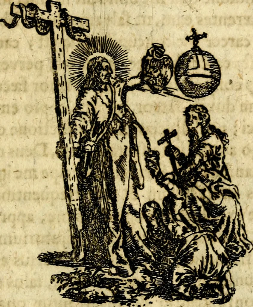 An illustration from Antipathia Amoris Divini et Humani duobus Libris comprehensa, per themata et sententias, insuper et Figuras aeneas, adjectis versibus Gallicis et Hispanicis, illustrata, antehac Antuerpiae Typis data, 1694, leaf 88