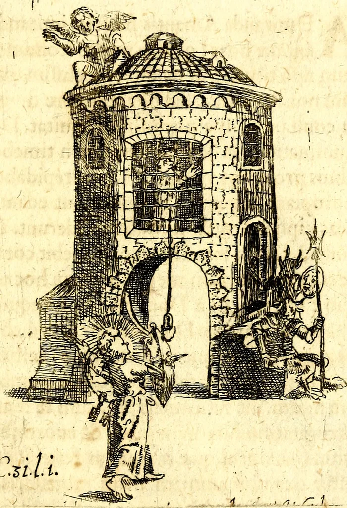 An illustration from Antipathia Amoris Divini et Humani duobus Libris comprehensa, per themata et sententias, insuper et Figuras aeneas, adjectis versibus Gallicis et Hispanicis, illustrata, antehac Antuerpiae Typis data, 1694, leaf 90