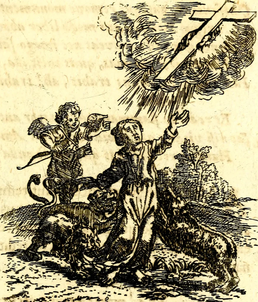 An illustration from Antipathia Amoris Divini et Humani duobus Libris comprehensa, per themata et sententias, insuper et Figuras aeneas, adjectis versibus Gallicis et Hispanicis, illustrata, antehac Antuerpiae Typis data, 1694, leaf 92