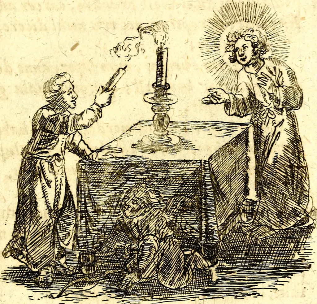 An illustration from Antipathia Amoris Divini et Humani duobus Libris comprehensa, per themata et sententias, insuper et Figuras aeneas, adjectis versibus Gallicis et Hispanicis, illustrata, antehac Antuerpiae Typis data, 1694, leaf 94