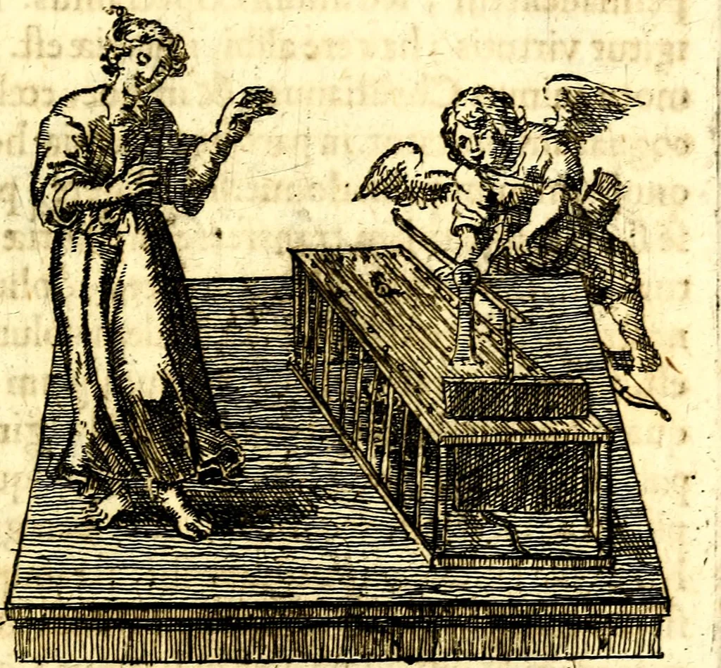 An illustration from Antipathia Amoris Divini et Humani duobus Libris comprehensa, per themata et sententias, insuper et Figuras aeneas, adjectis versibus Gallicis et Hispanicis, illustrata, antehac Antuerpiae Typis data, 1694, leaf 96