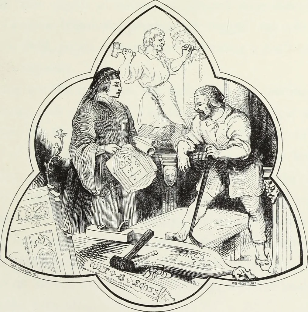 An illustration from Antiquarian gleanings in the north of England : being examples of antique furniture, plate, church decorations, objects of historical interest, etc., 1850, leaf 6