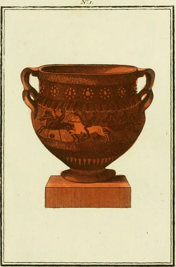 An illustration from Antiquités étrusques, grecques et romaines : ou les beaux vases étrusques, grecs et romains, et les peintures rendues avec les couleurs qui leur sont propres, 1787, leaf 118