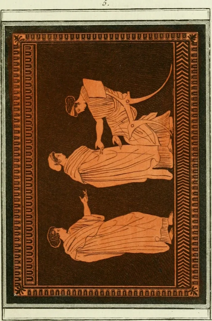 An illustration from Antiquités étrusques, grecques et romaines : ou les beaux vases étrusques, grecs et romains, et les peintures rendues avec les couleurs qui leur sont propres, 1787, leaf 126