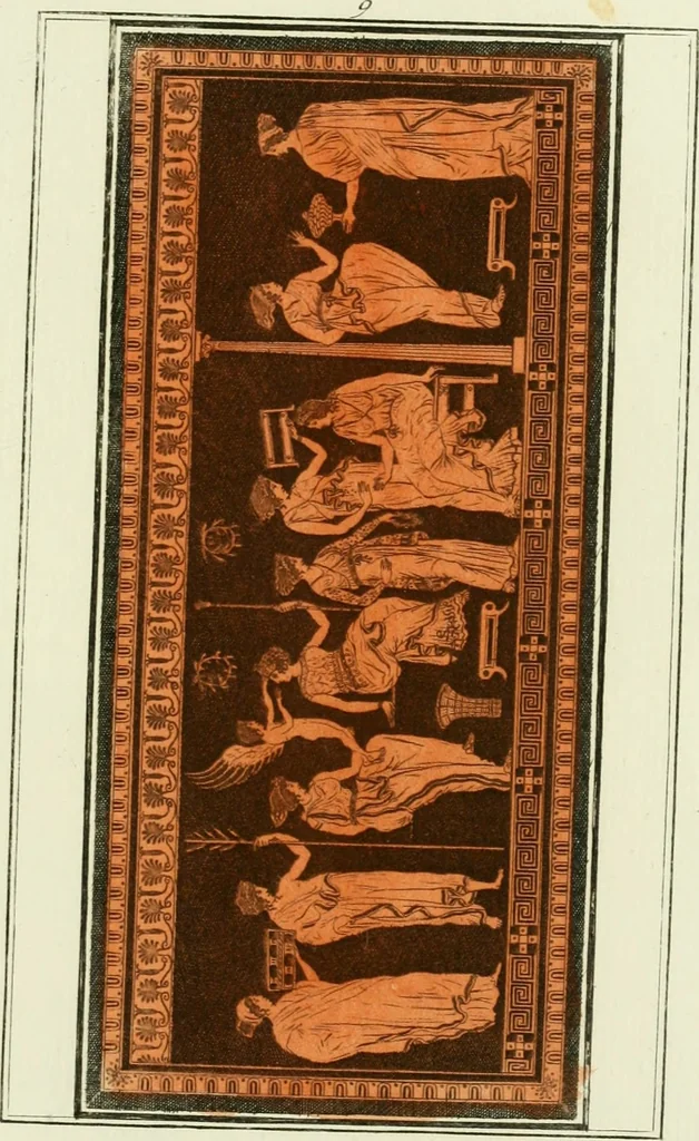 An illustration from Antiquités étrusques, grecques et romaines : ou les beaux vases étrusques, grecs et romains, et les peintures rendues avec les couleurs qui leur sont propres, 1787, leaf 134
