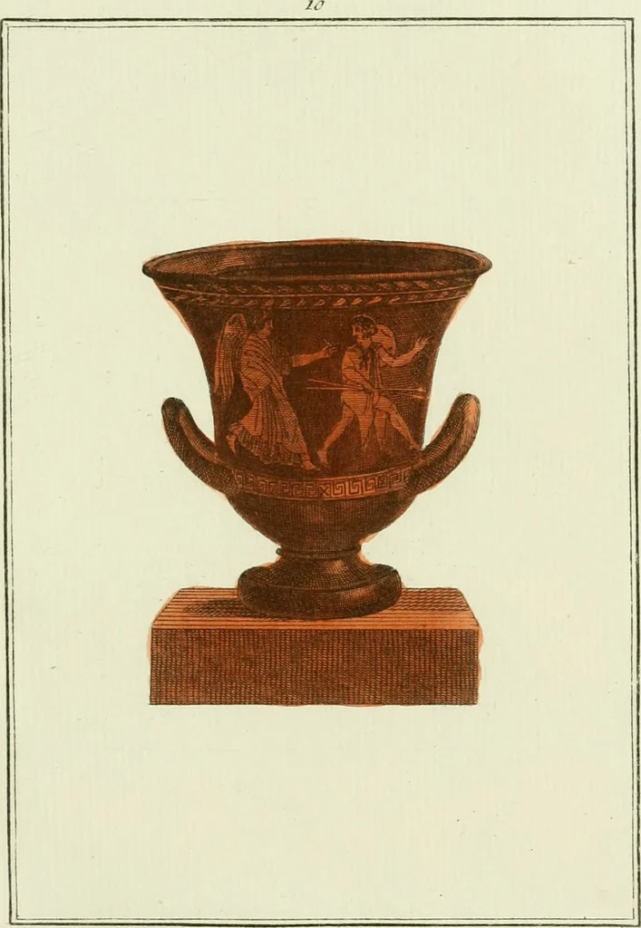 An illustration from Antiquités étrusques, grecques et romaines : ou les beaux vases étrusques, grecs et romains, et les peintures rendues avec les couleurs qui leur sont propres, 1787, leaf 136