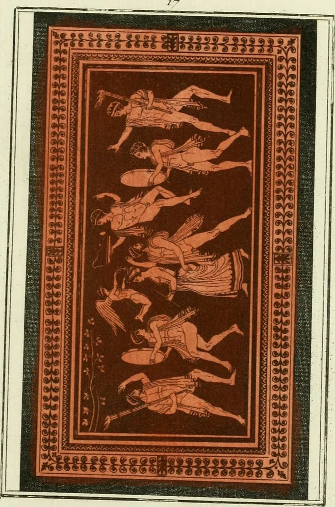 An illustration from Antiquités étrusques, grecques et romaines : ou les beaux vases étrusques, grecs et romains, et les peintures rendues avec les couleurs qui leur sont propres, 1787, leaf 150