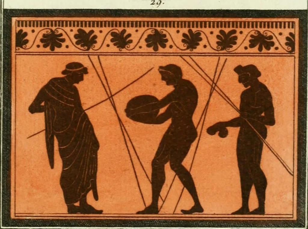 An illustration from Antiquités étrusques, grecques et romaines : ou les beaux vases étrusques, grecs et romains, et les peintures rendues avec les couleurs qui leur sont propres, 1787, leaf 172