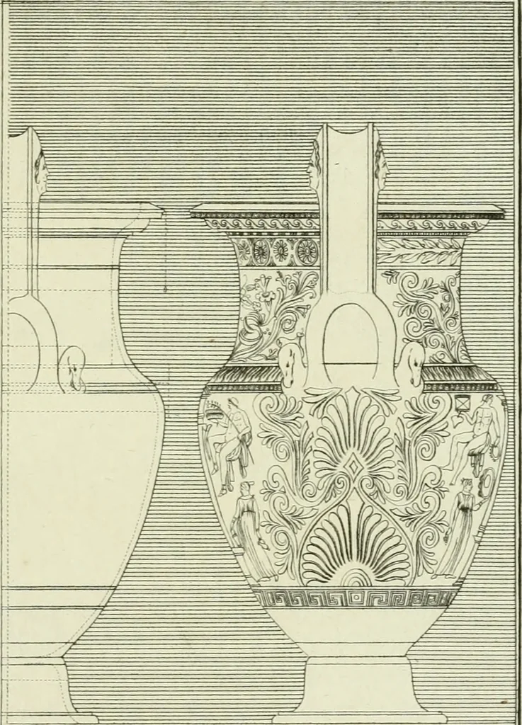 An illustration from Antiquités étrusques, grecques et romaines : ou les beaux vases étrusques, grecs et romains, et les peintures rendues avec les couleurs qui leur sont propres, 1787, leaf 176