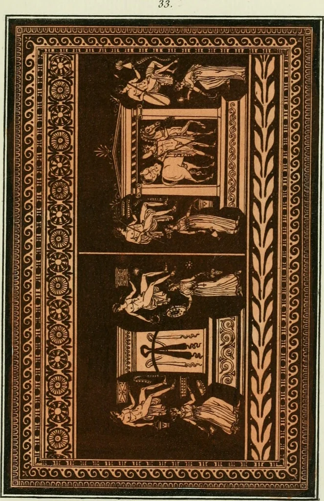 An illustration from Antiquités étrusques, grecques et romaines : ou les beaux vases étrusques, grecs et romains, et les peintures rendues avec les couleurs qui leur sont propres, 1787, leaf 180