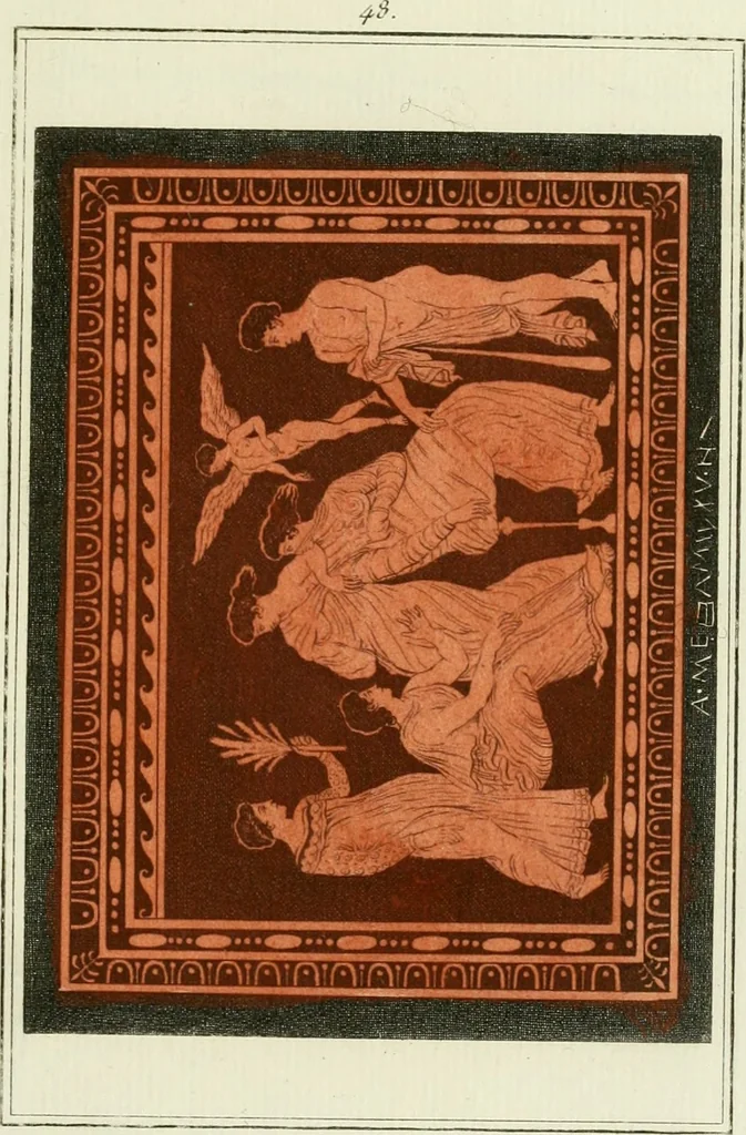 An illustration from Antiquités étrusques, grecques et romaines : ou les beaux vases étrusques, grecs et romains, et les peintures rendues avec les couleurs qui leur sont propres, 1787, leaf 210