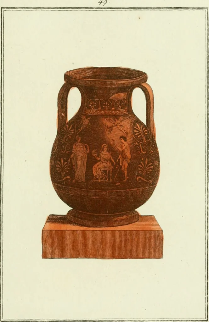 An illustration from Antiquités étrusques, grecques et romaines : ou les beaux vases étrusques, grecs et romains, et les peintures rendues avec les couleurs qui leur sont propres, 1787, leaf 212