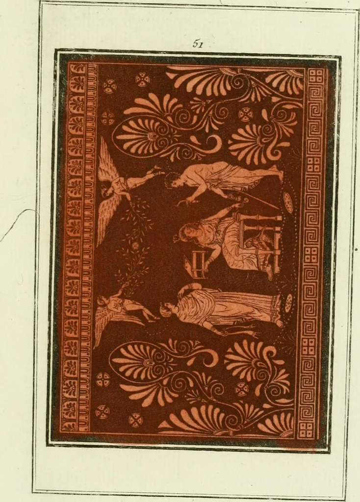 An illustration from Antiquités étrusques, grecques et romaines : ou les beaux vases étrusques, grecs et romains, et les peintures rendues avec les couleurs qui leur sont propres, 1787, leaf 216