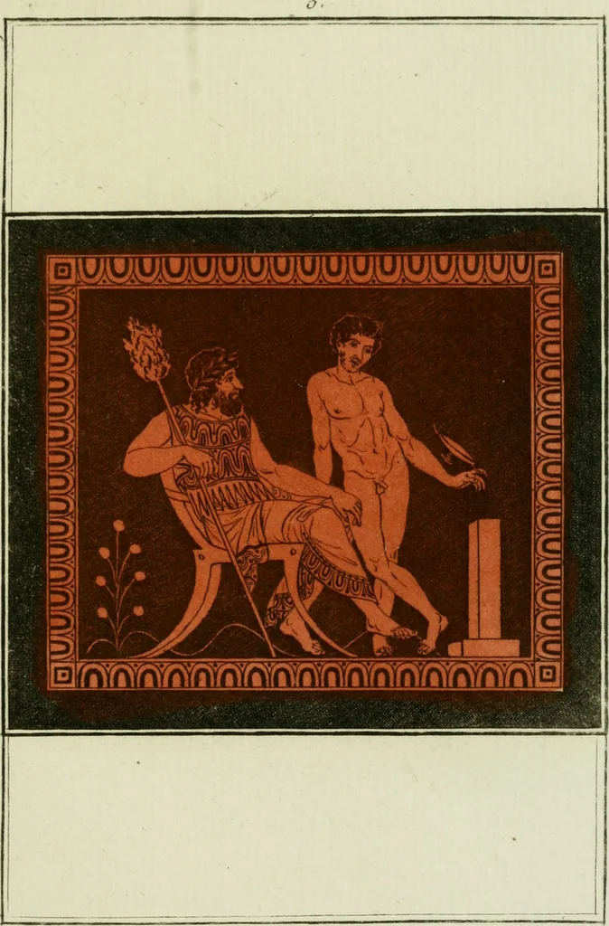 An illustration from Antiquités étrusques, grecques et romaines : ou les beaux vases étrusques, grecs et romains, et les peintures rendues avec les couleurs qui leur sont propres, 1787, leaf 154