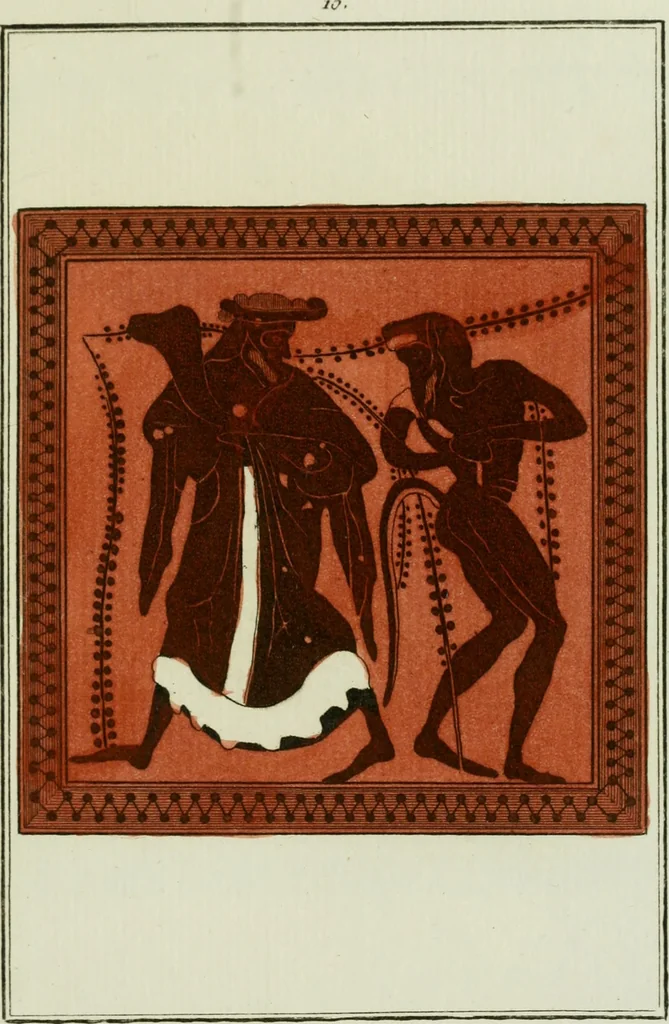 An illustration from Antiquités étrusques, grecques et romaines : ou les beaux vases étrusques, grecs et romains, et les peintures rendues avec les couleurs qui leur sont propres, 1787, leaf 174