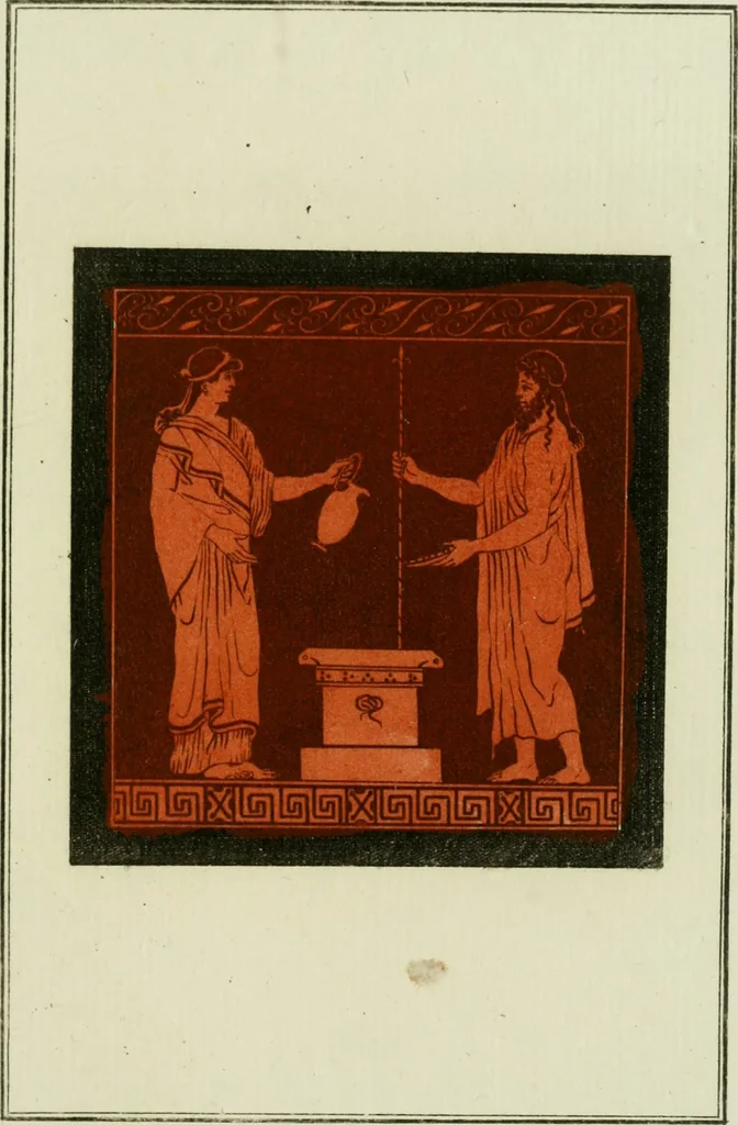 An illustration from Antiquités étrusques, grecques et romaines : ou les beaux vases étrusques, grecs et romains, et les peintures rendues avec les couleurs qui leur sont propres, 1787, leaf 178