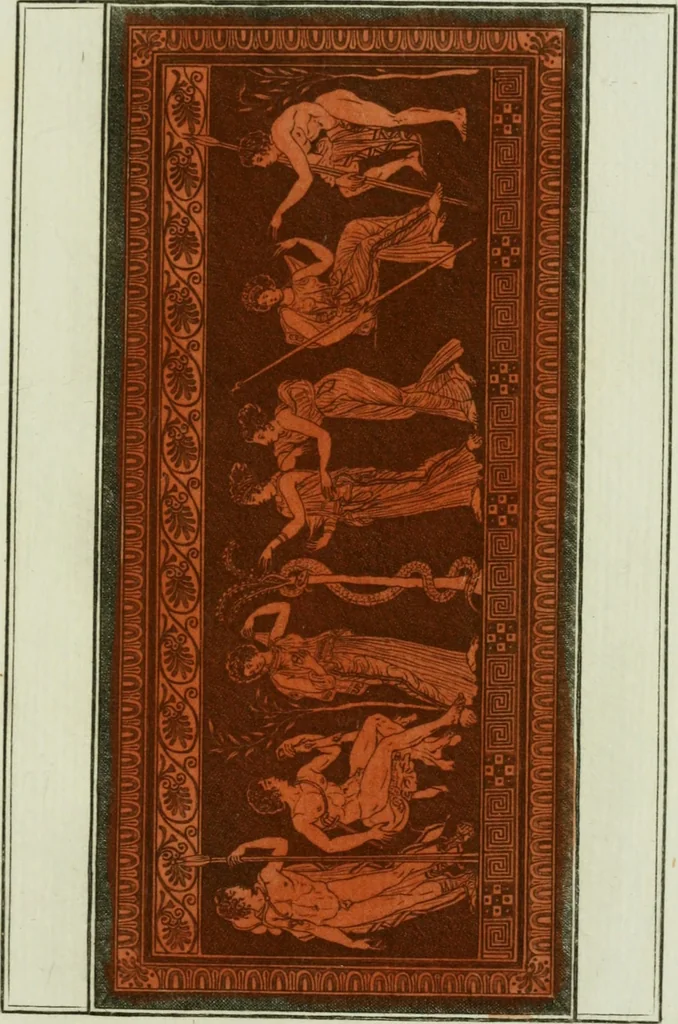 An illustration from Antiquités étrusques, grecques et romaines : ou les beaux vases étrusques, grecs et romains, et les peintures rendues avec les couleurs qui leur sont propres, 1787, leaf 184