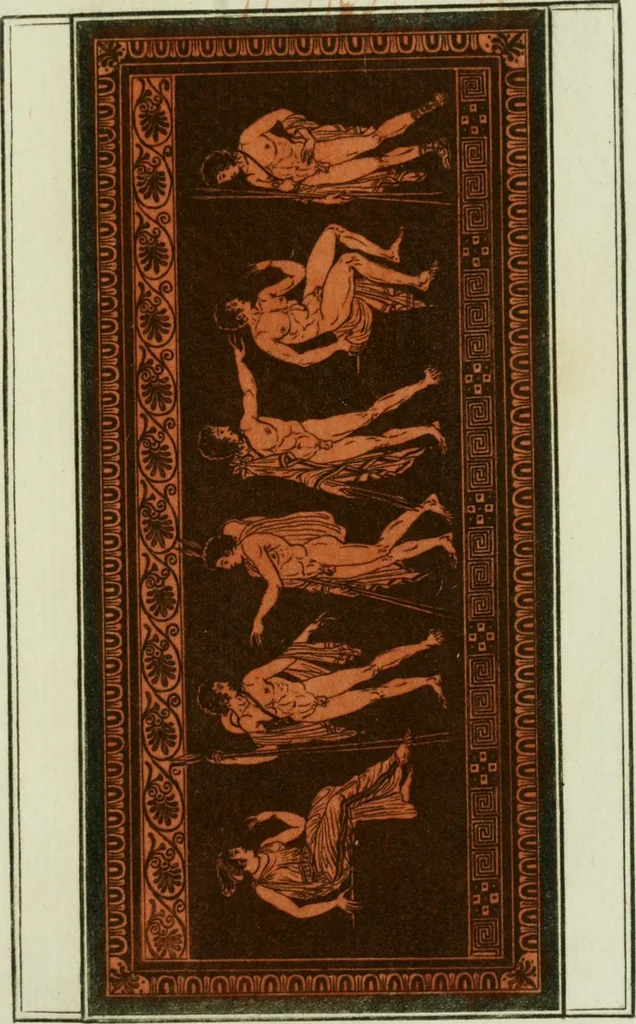 An illustration from Antiquités étrusques, grecques et romaines : ou les beaux vases étrusques, grecs et romains, et les peintures rendues avec les couleurs qui leur sont propres, 1787, leaf 188