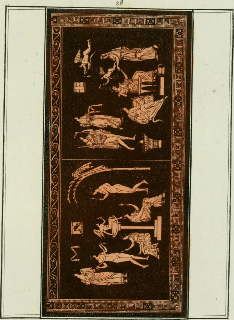 An illustration from Antiquités étrusques, grecques et romaines : ou les beaux vases étrusques, grecs et romains, et les peintures rendues avec les couleurs qui leur sont propres, 1787, leaf 200