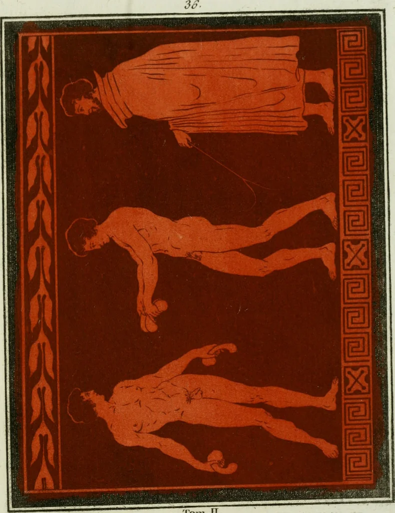 An illustration from Antiquités étrusques, grecques et romaines : ou les beaux vases étrusques, grecs et romains, et les peintures rendues avec les couleurs qui leur sont propres, 1787, leaf 216