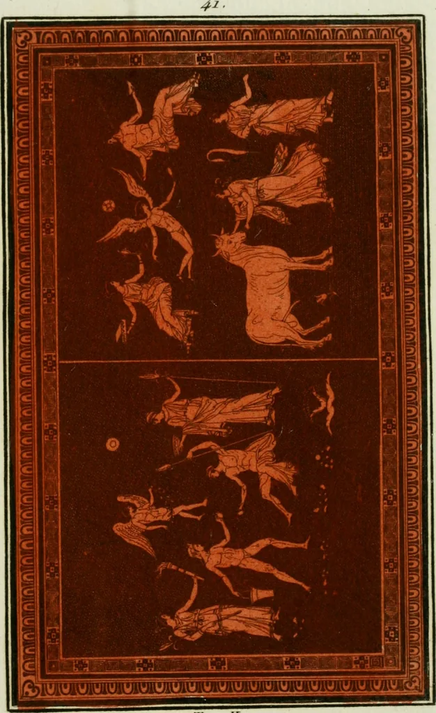 An illustration from Antiquités étrusques, grecques et romaines : ou les beaux vases étrusques, grecs et romains, et les peintures rendues avec les couleurs qui leur sont propres, 1787, leaf 226