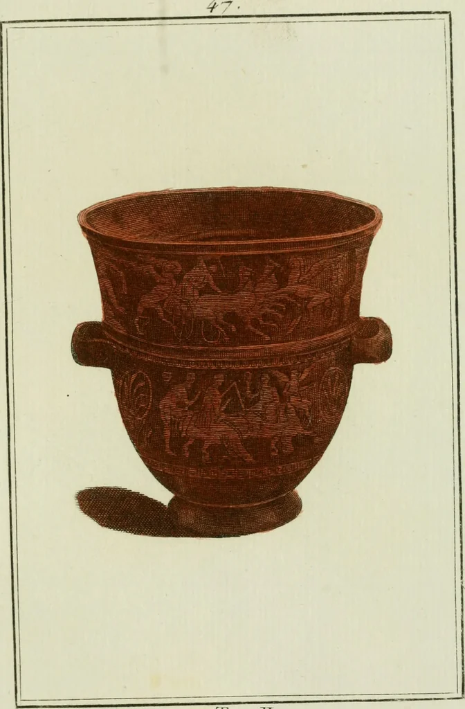 An illustration from Antiquités étrusques, grecques et romaines : ou les beaux vases étrusques, grecs et romains, et les peintures rendues avec les couleurs qui leur sont propres, 1787, leaf 238