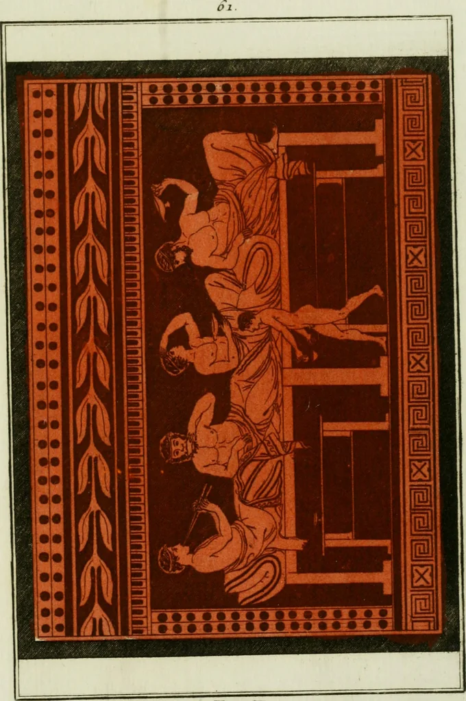 An illustration from Antiquités étrusques, grecques et romaines : ou les beaux vases étrusques, grecs et romains, et les peintures rendues avec les couleurs qui leur sont propres, 1787, leaf 266
