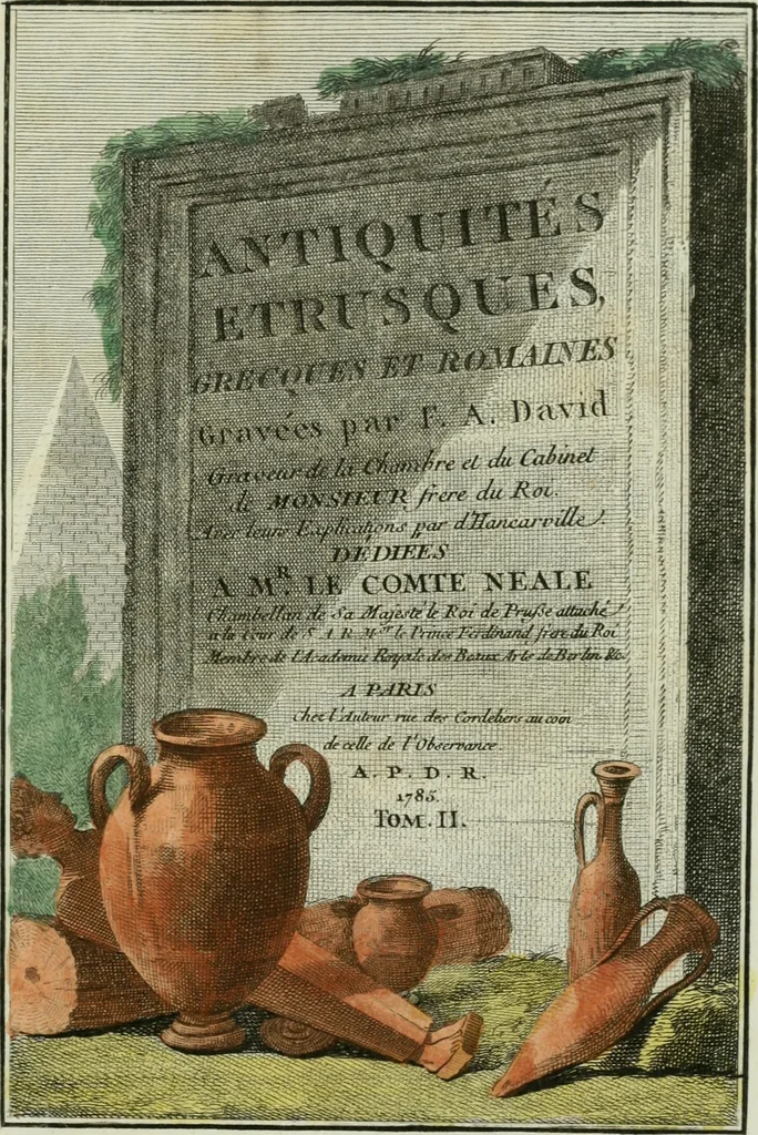 An illustration from Antiquités étrusques, grecques et romaines : ou les beaux vases étrusques, grecs et romains, et les peintures rendues avec les couleurs qui leur sont propres, 1787, leaf 6