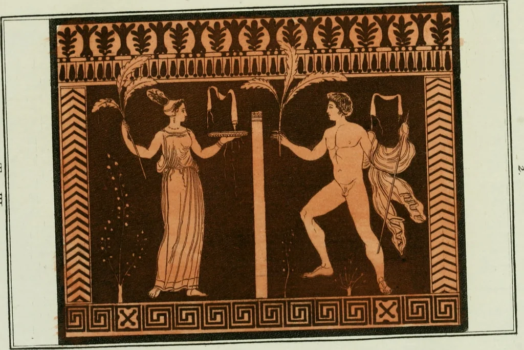 An illustration from Antiquités étrusques, grecques et romaines : ou les beaux vases étrusques, grecs et romains, et les peintures rendues avec les couleurs qui leur sont propres, 1787, leaf 156