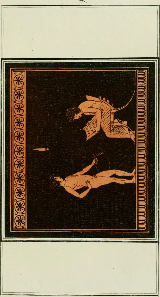 An illustration from Antiquités étrusques, grecques et romaines : ou les beaux vases étrusques, grecs et romains, et les peintures rendues avec les couleurs qui leur sont propres, 1787, leaf 166