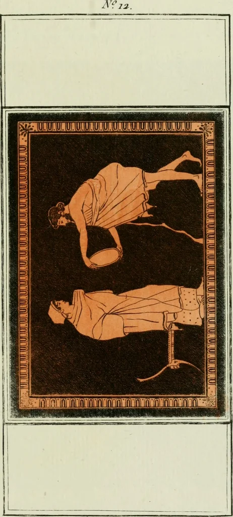 An illustration from Antiquités étrusques, grecques et romaines : ou les beaux vases étrusques, grecs et romains, et les peintures rendues avec les couleurs qui leur sont propres, 1787, leaf 176