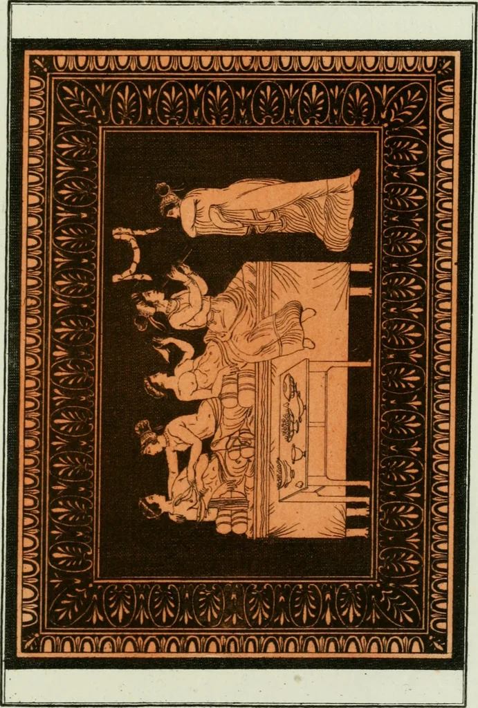An illustration from Antiquités étrusques, grecques et romaines : ou les beaux vases étrusques, grecs et romains, et les peintures rendues avec les couleurs qui leur sont propres, 1787, leaf 178