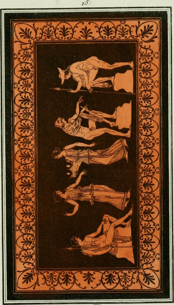 An illustration from Antiquités étrusques, grecques et romaines : ou les beaux vases étrusques, grecs et romains, et les peintures rendues avec les couleurs qui leur sont propres, 1787, leaf 182
