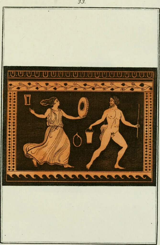 An illustration from Antiquités étrusques, grecques et romaines : ou les beaux vases étrusques, grecs et romains, et les peintures rendues avec les couleurs qui leur sont propres, 1787, leaf 216