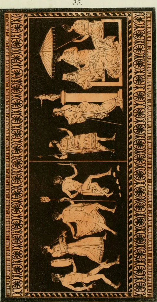 An illustration from Antiquités étrusques, grecques et romaines : ou les beaux vases étrusques, grecs et romains, et les peintures rendues avec les couleurs qui leur sont propres, 1787, leaf 220