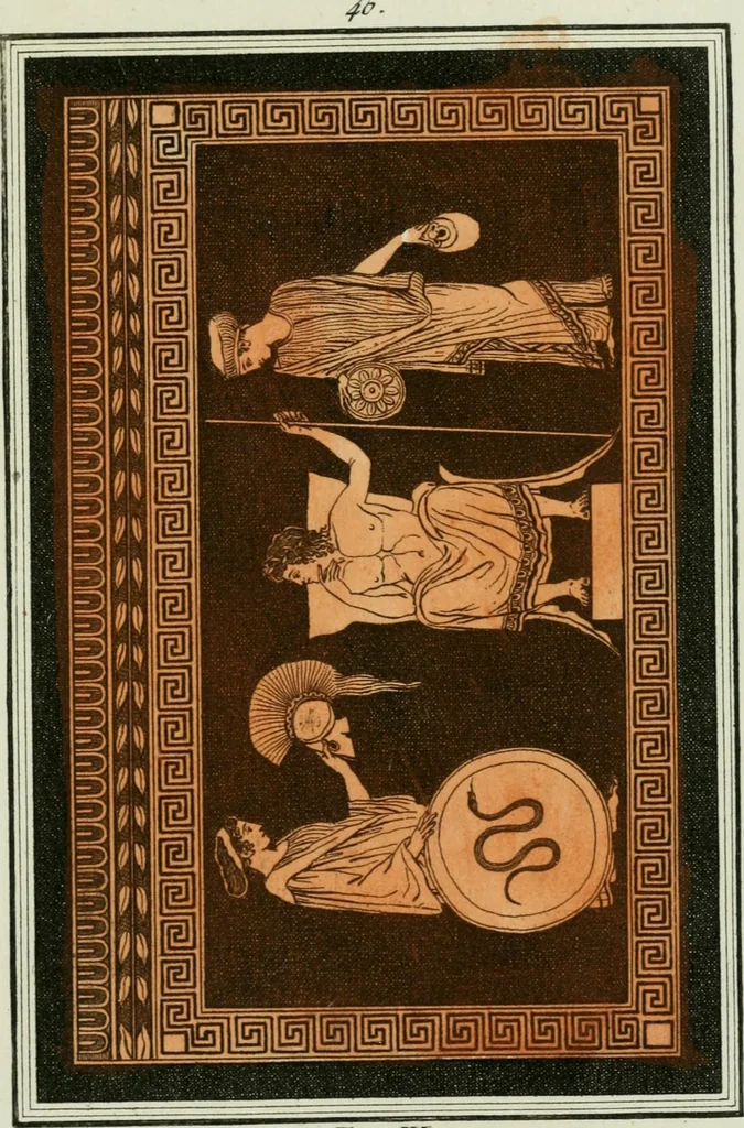An illustration from Antiquités étrusques, grecques et romaines : ou les beaux vases étrusques, grecs et romains, et les peintures rendues avec les couleurs qui leur sont propres, 1787, leaf 242