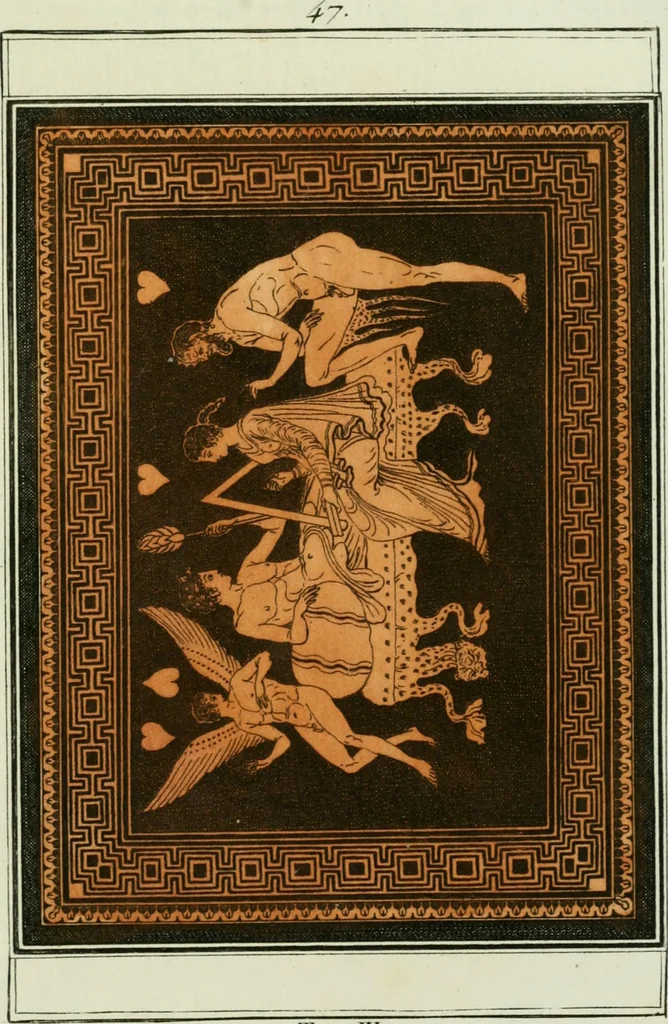 An illustration from Antiquités étrusques, grecques et romaines : ou les beaux vases étrusques, grecs et romains, et les peintures rendues avec les couleurs qui leur sont propres, 1787, leaf 244