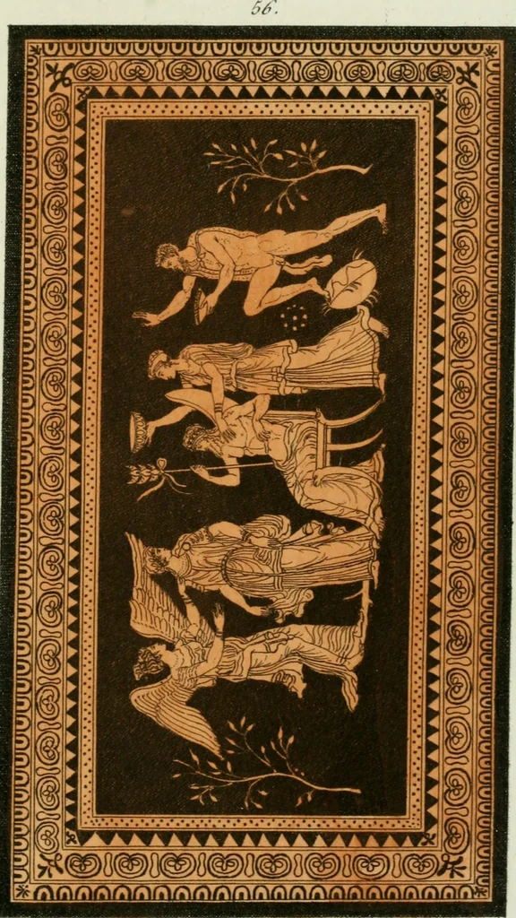 An illustration from Antiquités étrusques, grecques et romaines : ou les beaux vases étrusques, grecs et romains, et les peintures rendues avec les couleurs qui leur sont propres, 1787, leaf 262