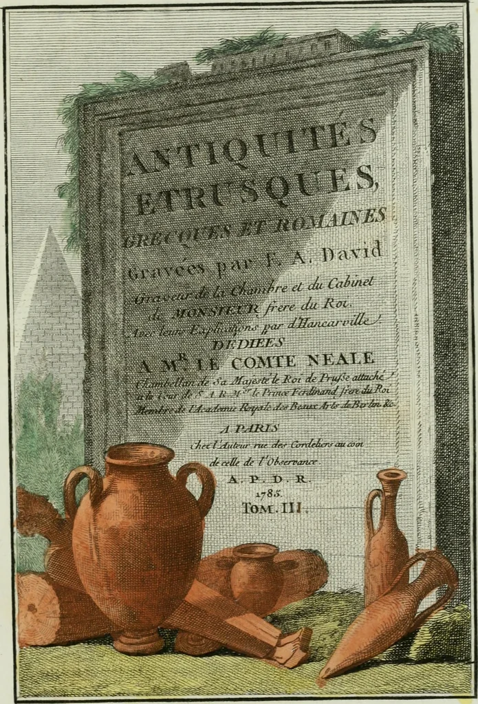 An illustration from Antiquités étrusques, grecques et romaines : ou les beaux vases étrusques, grecs et romains, et les peintures rendues avec les couleurs qui leur sont propres, 1787, leaf 6
