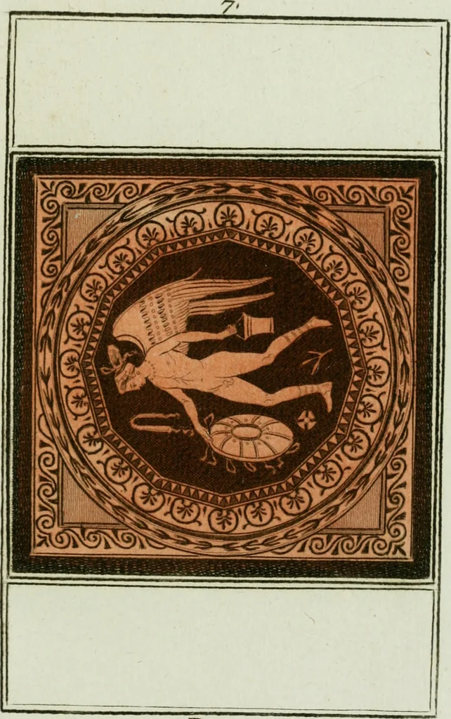 An illustration from Antiquités étrusques, grecques et romaines : ou les beaux vases étrusques, grecs et romains, et les peintures rendues avec les couleurs qui leur sont propres, 1787, leaf 210