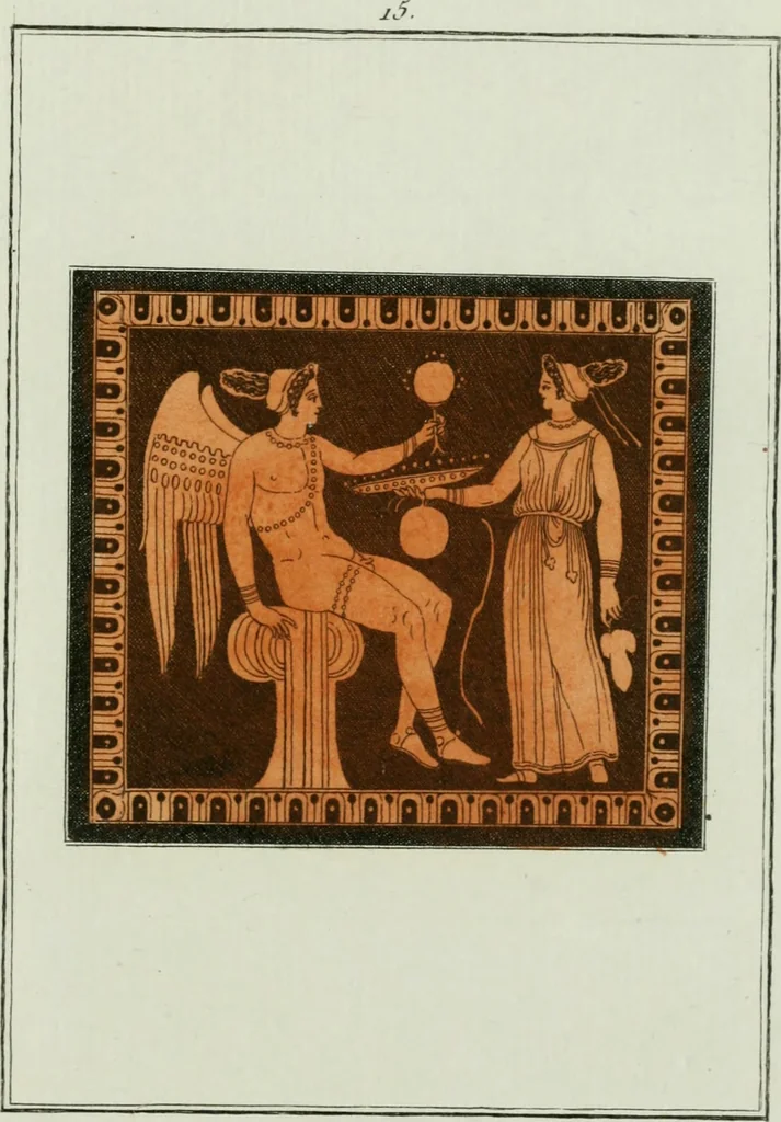 An illustration from Antiquités étrusques, grecques et romaines : ou les beaux vases étrusques, grecs et romains, et les peintures rendues avec les couleurs qui leur sont propres, 1787, leaf 226