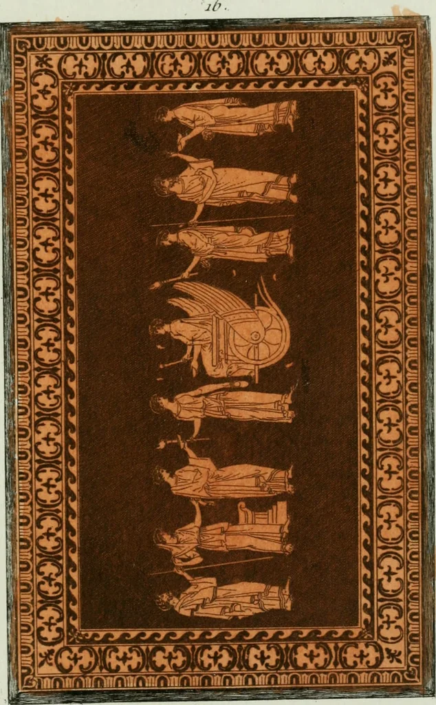 An illustration from Antiquités étrusques, grecques et romaines : ou les beaux vases étrusques, grecs et romains, et les peintures rendues avec les couleurs qui leur sont propres, 1787, leaf 228
