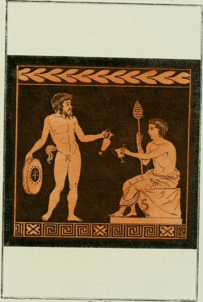 An illustration from Antiquités étrusques, grecques et romaines : ou les beaux vases étrusques, grecs et romains, et les peintures rendues avec les couleurs qui leur sont propres, 1787, leaf 238